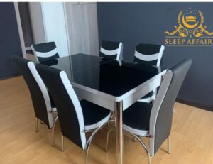 Black White Bubble Effect Dining Table and 6 Leather Chairs