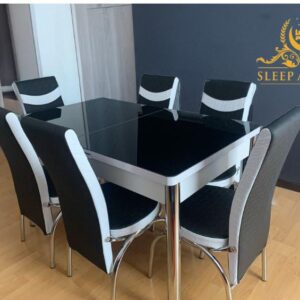 Black White Bubble Effect Dining Table and 6 Leather Chairs