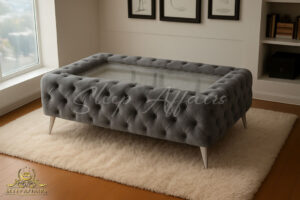 Grey & Silver Tufted Coffee Table with Mirror Top